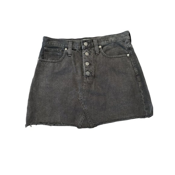 Madewell Denim Mini Skirt Size 29 Faded Black Rigid A-Line Distressed Frayed - Picture 1 of 4